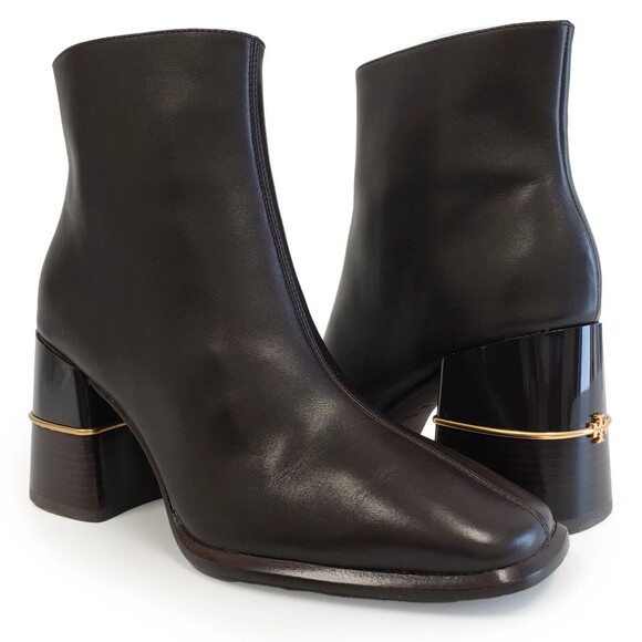 Tory Burch Women's Block Heel Booties Leather Gold Heel Logo Sz 8.5 NIB $500 - Picture 1 of 8